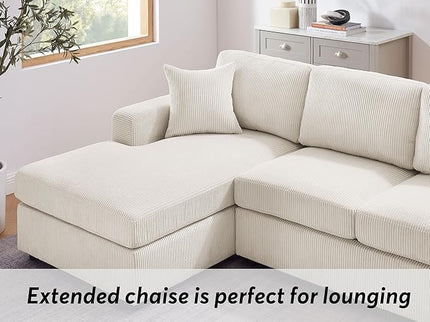 VANOMi 118'' U Shaped Sectional Sofa Couch, Corduroy Fabric Modern Cozy Jumbo Size 4-Seater Living Room Couch, Double Chaise Longue, Beige