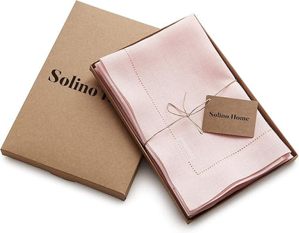 Solino Home Pink Linen Napkins Set of 4-100% Pure Linen Hemstitch Dinner Napkins 20 x 20 Inch for Christmas - Classic Hemstitch