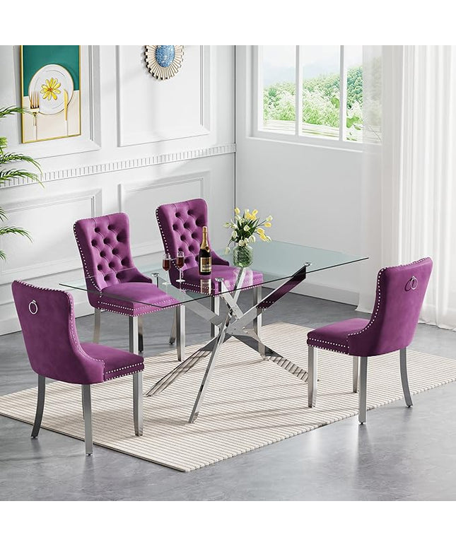Rectangle Glass Dining Table Set for 4, 60'' Kitchen Table and Chairs Set, 5PCS Modern Dining Room Table Set with 4 Velvet Dining Chair for Home