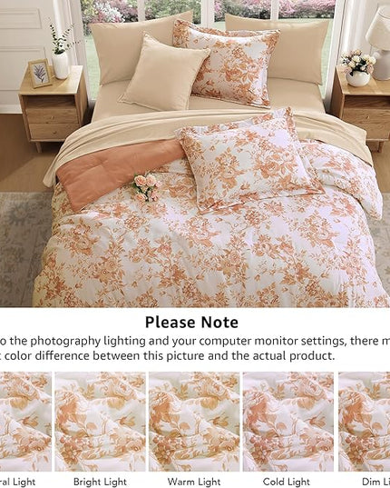 Queen Comforter Set -7 Pieces Autumn Leaf Floral Comforter Set for All Seasons, Bed in a Bag Queen with Botanical Flowers Comforter, Sheets, Pillowcases & Shams