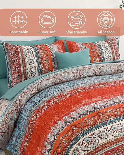 Cottolester Boho Full Comforter Set 8 Pieces, Terracotta Comforter Bohemian Striped Bed in A Bag,Soft Microfiber Bedding Set for All Seasons