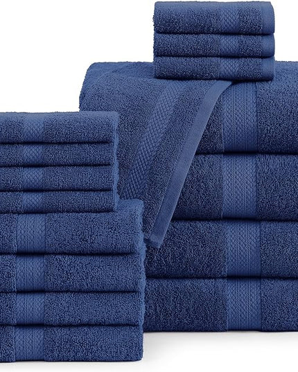 LANE LINEN 100% Cotton Luxury Towel Set for Bathroom - 16 Pieces, Ring Spun - Plush, Soft & Highly Absorbent - 4 Shower Towels, 8 Washcloths, 4 Hand Towels - Complete Bathroom Towel Set - Navy Blue