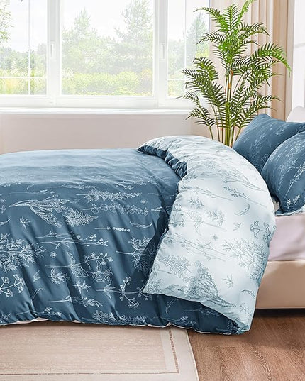 Love's cabin Bluish Grey Comforter Set King - King Size Comforter Set, 3 Pieces Cute Floral Bedding Sets for All Seasons,1 Soft Reversible Botanical Flowers Comforter and 2 Pillow Shams