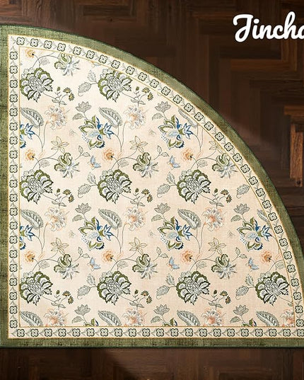 jinchan Elora Floral Corner Rug for Living Room Washable Rug Vintage Romance Christmas Design Non Slip Quarter Circle Lightweight Low-Pile Throw Carpet for Reading Playroom, 7ft Radius, Green/Beige