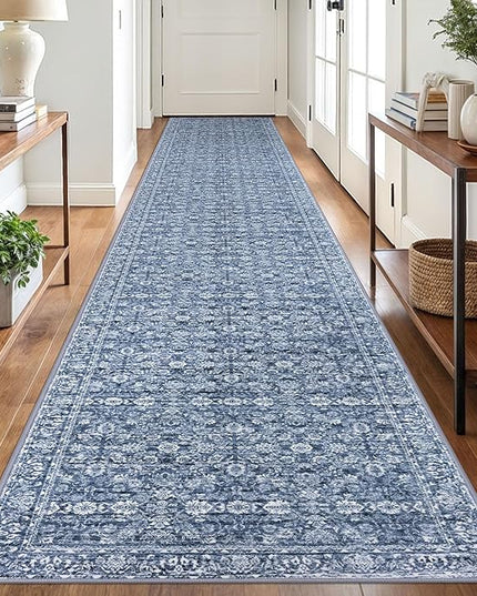 2.6x18 Runner Washable Rug for Kitchen, Blue Soft Classic Runner with Non-Slip, Non-Shedding Distressed Floral Rug for Hallways Entryway Bedroom Bathroom Laundry Indoor