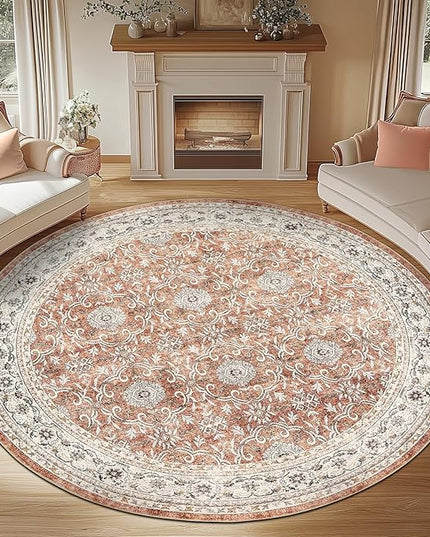 jinchan Round Rug 8ft Washable Circle Soft Rug - Low Pile Vintage 8'Round Indoor Orange Floral Print Stain Resistant Boho Carpet Ultra-Thin Non-Slip for Living Room Bedroom Dining Room Kitchen
