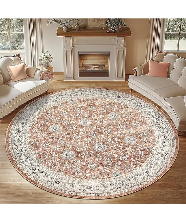 jinchan Round Rug 7ft Washable Circle Soft Rug - Low Pile Vintage 7'Round Indoor Orange Floral Print Stain Resistant Boho Carpet Ultra-Thin Non-Slip for Living Room Bedroom Dining Room Kitchen