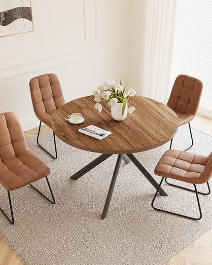 45.3 Inch Round Dining Table Set for 4, Mid Century Modern Small Coffee Set for Dining Room Kitchen Apartment (Light Walnut + 4 U-Shaped Brown Chairs)