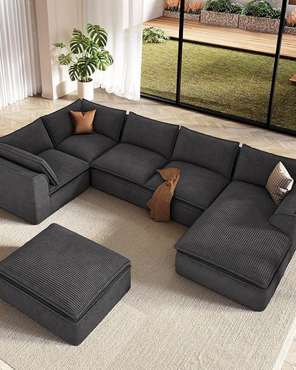 Vesgantti 141.7" Oversized Boneless Sectional Couch, 7 Seater Modular Sofa with Chaise & Ottoman & Armrest, Deep Seat Corduroy Cloud Couches for Living Room, No Assembly Required, Black