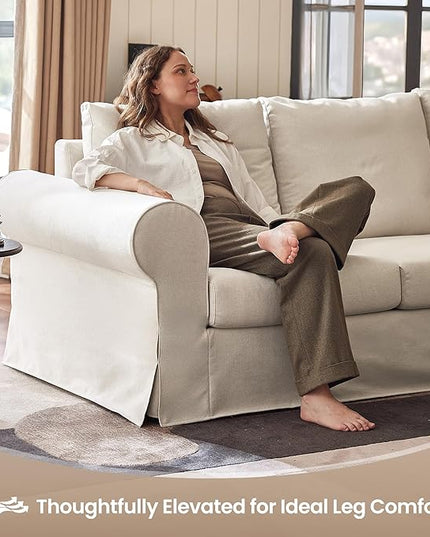 89" 3-Seater Couch, Farmhouse Slipcovered Sofa with Washable Cover, Supportive Cushions & Sturdy Frame, Rolled Arm Beige Couches for Living Room, Small Spaces, Apartment, Office, Easy Assembly