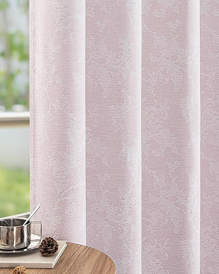 FMFUNCTEX Pink Floral Jacquard Blackout Curtains 90 Inches Long for Girls Bedroom, Scroll Flower Chenille Farmhouse Curtains for Nursery Room Darkening Thermal Insulated Grommet Window Drapes 2 Panels