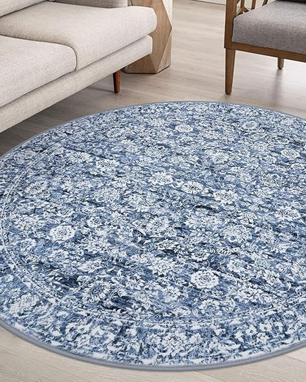 6' Round Rug Washable Rug for Entryway, Blue Soft Non-Slip Area Rugs Distressed Floral Low-Pile Carpet, Neutral Vintage Circle Rugs for Living Room Dining Bedroom Foyer