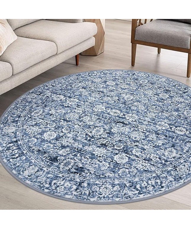 6' Round Rug Washable Rug for Entryway, Blue Soft Non-Slip Area Rugs Distressed Floral Low-Pile Carpet, Neutral Vintage Circle Rugs for Living Room Dining Bedroom Foyer