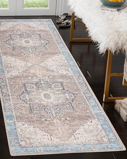GLN Rugs Traditional Collection - Machine Washable Area Rug, Traditional Washable, Non Slip, Low Pile Chenille Rug, Living Room, Bedroom, Kitchen Rug (2'6"x7' Brown/Blue)