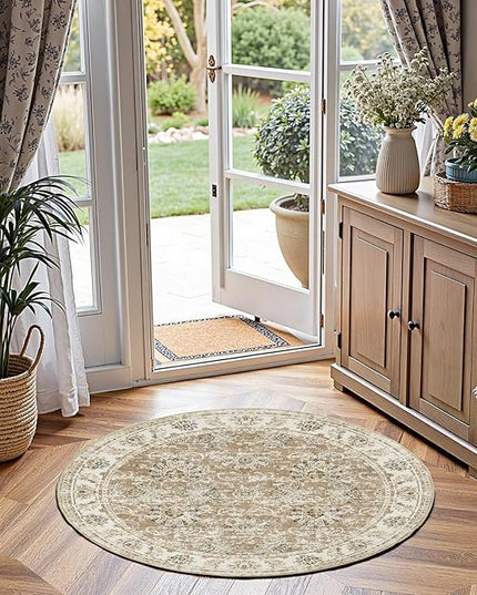 jinchan Fiora Round Rug 4ft Area Rug - Indoor Vintage Hallway Circle 4' Washable - Ultra-Thin Low Pile Soft Small Non Slip Distressed Floral Print for Living Room Dining Room Bedroom Entryway Taupe
