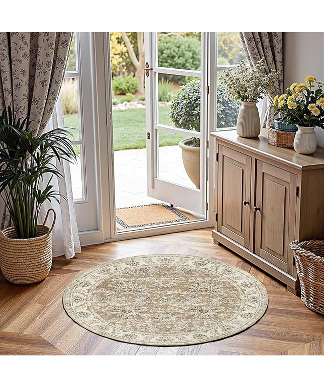 jinchan Fiora Round Rug 4ft Area Rug - Indoor Vintage Hallway Circle 4' Washable - Ultra-Thin Low Pile Soft Small Non Slip Distressed Floral Print for Living Room Dining Room Bedroom Entryway Taupe
