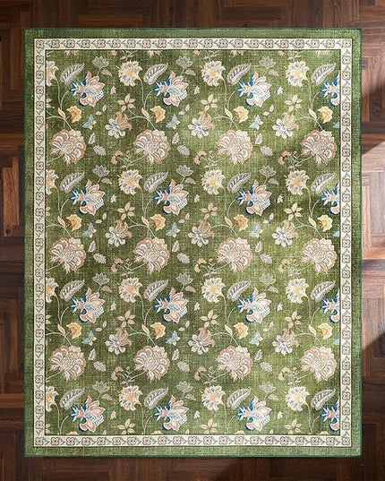 jinchan Elora 8x10 Floral Rug for Living Room Washable Bedroom Rug Vintage Romance Christmas Design Non Slip Thin Indoor Floor Cover Large Low-Profile Throw Carpet for Dining Room Office, Green