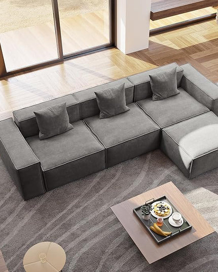 POVISON 115" Modular Sectional Sofa for Living Room Modern Large Sectional Couche Velvet L Shaped Deep Seat Sofa Set 3 Seats with Reversible Ottoman Oversized Big Comfy Cloud Couch for House Office
