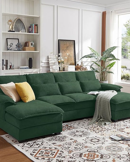 110" Convertible Sectional Sofa, U Shape Cloud Couch, Comfy Couches with Double Chaise and Sleepable Armrests, 4 Seats Sectional Couches for Living Room, Green