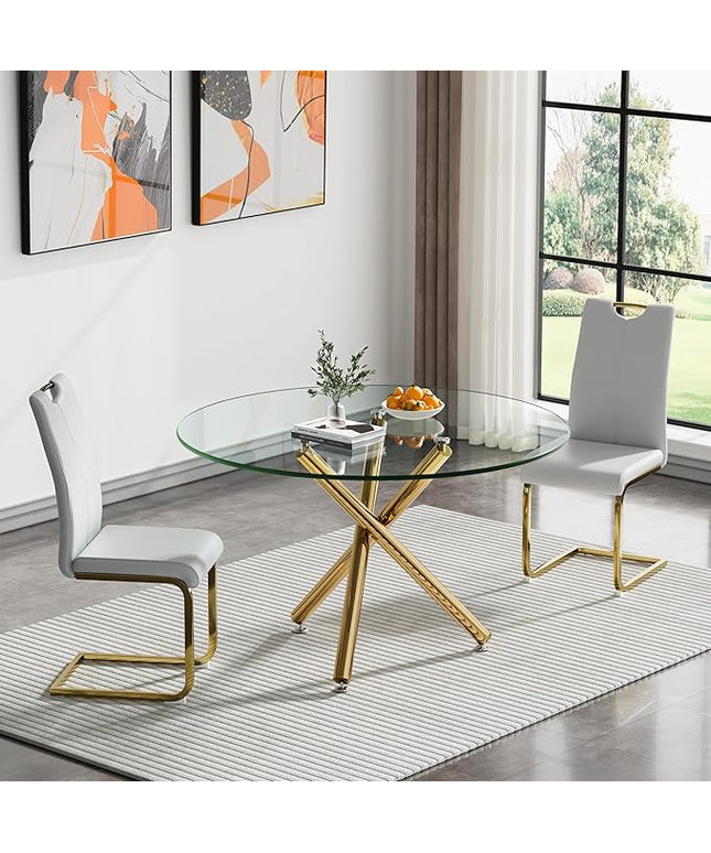 HomVent Round Glass Dining Table Set for 2, 3-Piece Modern Kitchen Table Set with 2 PU Upholstered Chair for Kitchen Dining Room, Glass Dining Room Table Set