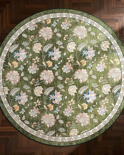 jinchan Elora 6ft Floral Round Rug for Washable Living Room Rug Vintage Romance Christmas Design Non Slip Indoor Floor Cover Lightweight Low-Profile Throw Carpet for Bedroom Porch Patio, Green