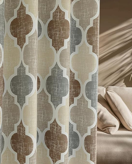 Beauoop 100% Blackout Curtains 96 Inches Long 2 Panels for Bedroom Living Room Brown Grey Moroccan Geo Room Darkening Thermal Insulated Soundproof Grommet Top Window Treatments Drapes, 50x96 Set of 2