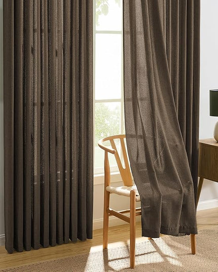 Brown Pleated Linen Curtains 84 Inches Long Farmhouse Semi Sheer Memory Trained Shape Pinch Pleat Drapes with Hooks Back Tab Ripple Fold Curtain for Bedroom Living Room 42x84