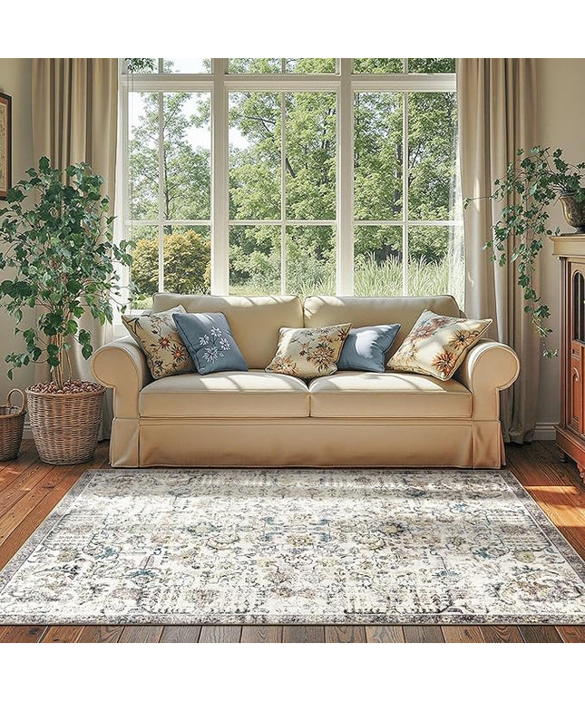 jinchan Kalen Area Rug 4x6 Washable Bedroom Rug Vintage Indoor Thin Floor Cover Retro Distressed Floral Country Boho Lightweight Non Slip Carpet for Kitchen Living Room Dining Room Office Blue