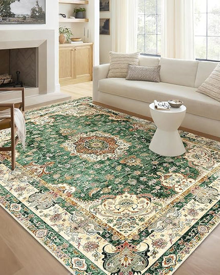 5'x7' Area Rugs Washable,Green Rug for Living Room Bedroom,Large Boho Vintage Bohemian Distressed Oriental Carpet Non Slip,Retro Sage Floral