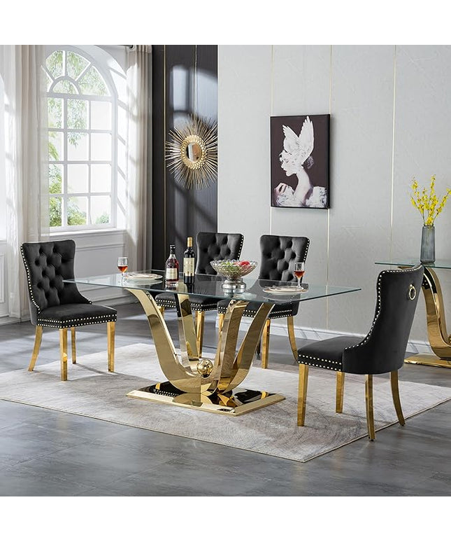 5-Piece Glass Dining Table Set w/4 Black Upholstered Dining Chairs, 70in Rectangular Large Kitchen Table Set for 4, Glass and Gold Dining Table and Chair Set for 4