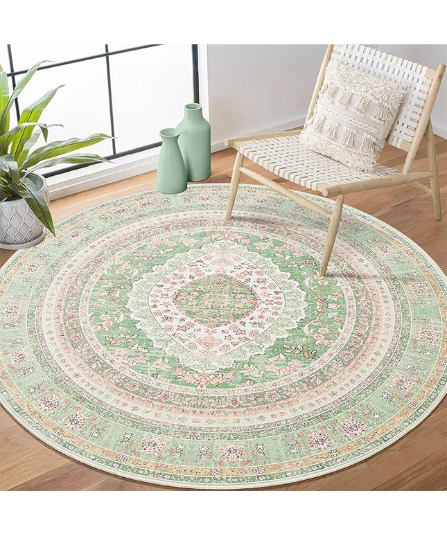 Round Area Rugs 4ft Washable,Green Rug for Living Room Bedroom Dining Room,Large Boho Vintage Bohemian Distressed Oriental Carpet Non Slip,Sage Blush Floral