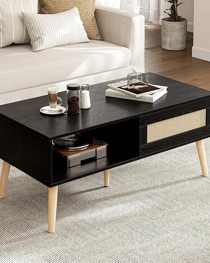 Wood Coffee Table with Storage, Boho Dining Table with Sliding Rattan Door Panel and Solid Wood Legs, Small Coffee Tables for Living Room, Black