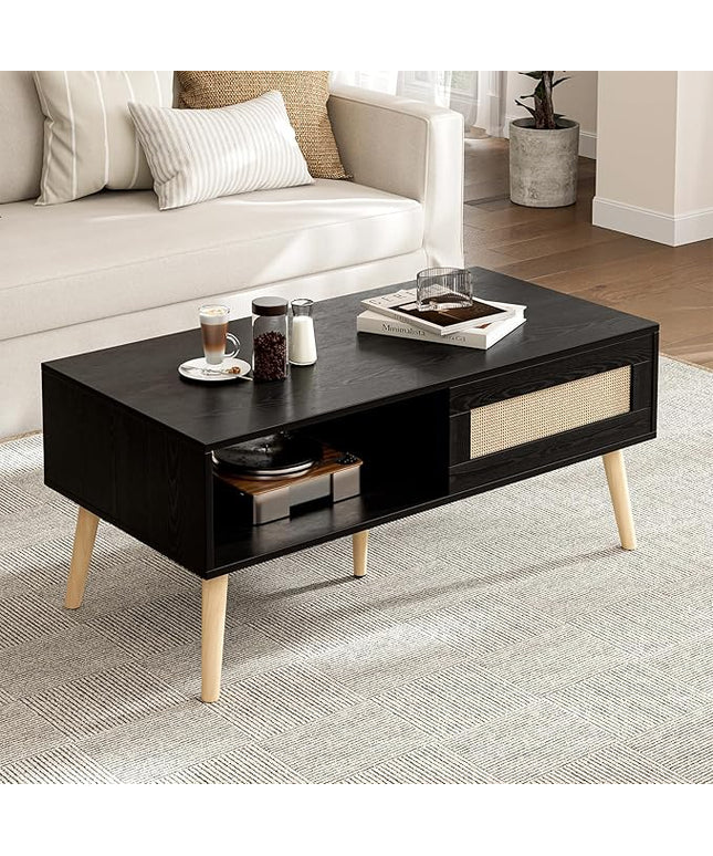 Wood Coffee Table with Storage, Boho Dining Table with Sliding Rattan Door Panel and Solid Wood Legs, Small Coffee Tables for Living Room, Black