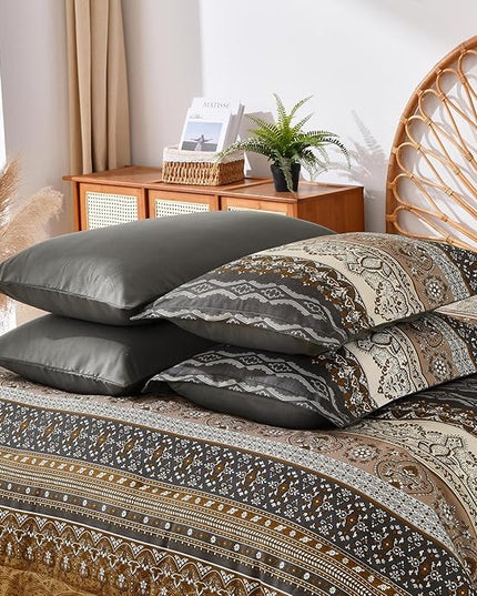 Cottolester Boho King Comforter Set 8 Pieces,Brown Black Bohemian Comforter Paisley Striped Bed in A Bag,Soft Microfiber Bedding Set for All Season