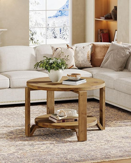 Tribesigns 30" Solid Wood Coffee Table, Round Small Coffee Table with 2-Tier Storage for Living Room, Farmhouse Brown Round Solid Wood Accent, Circle Center Furniture with Natural Texture Design