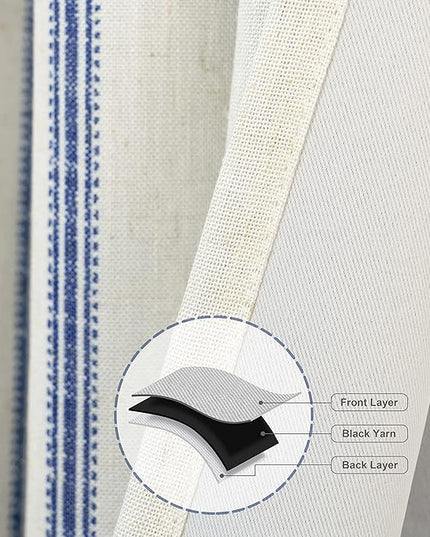 DriftAway Farmhouse Linen Blend Blackout Curtains 120 Inches Long for Bedroom Vertical Striped Printed Linen Curtains Thermal Insulated Lined Treatments for Living Room 2 Panels W52 x L120 Navy