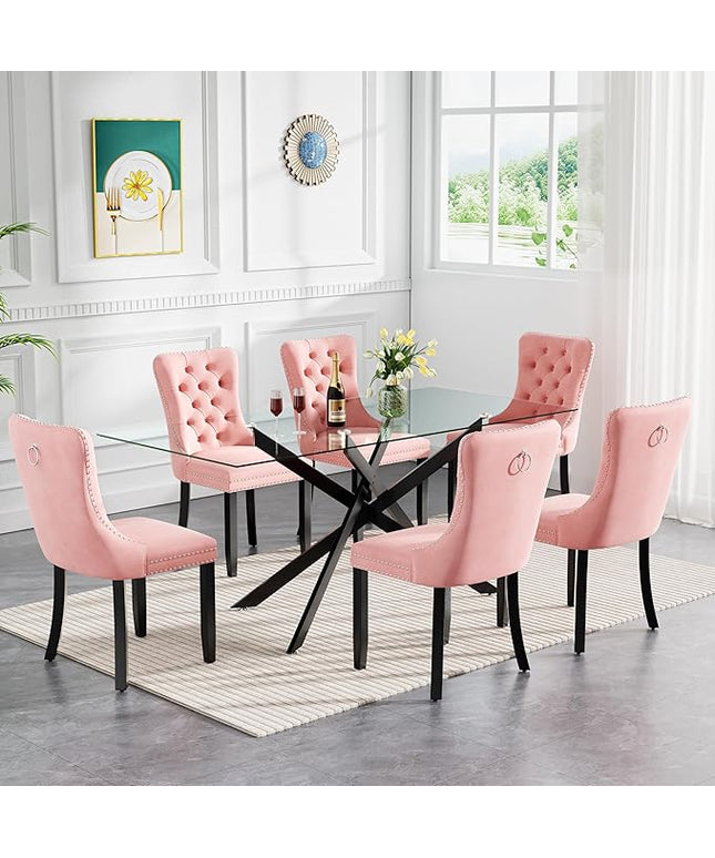 Modern 7-Piece Glass Dining Table Set for 6, Modern 60" Rectangle Black Glass Dining Room Table Set with Pink Velvet Tufted Chairs Wood Legs for Kitchen Dining Room