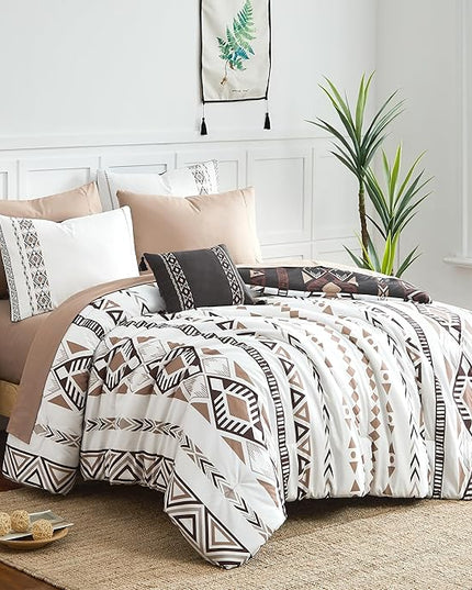 Geniospin Oversized Queen Comforter Set - 7 Pieces Reversible Bedding Set, Boho Bed in A Bag, Lightweight Soft Aztec Bedding, All Season Bed Comforter Set with Sheets, Pillowcases & Shams