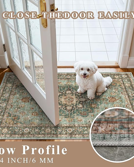 Green Entryway 3x4 Rug - Washable Area Rugs for Kitchen Bathroom Non-Slip Ultra-Thin Indoor Door Mat Indoor Entrance - Stain Resistant Small Throw Carpet (Green, 3X4)