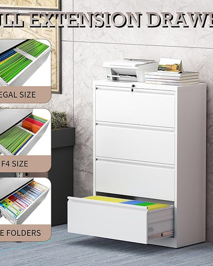 4 Drawer Lateral File Cabinet with Lock, Metal File Cabinet, Lateral File Cabinets for Home Office, Heavy Duty File Storage Cabinet for Legal/Letter/A4 Document, Assembly Required, White
