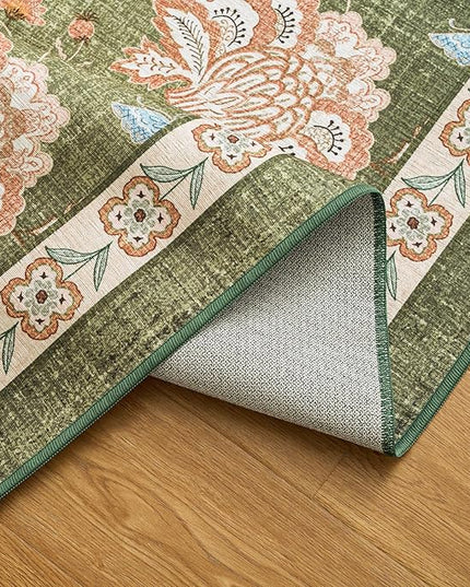 jinchan Elora 5ft Floral Round Rug for Entryway Washable Rug Vintage Romance Christmas Design Non Slip Indoor Doormat Lightweight Low-Profile Throw Carpet for Living Room Dining Room Bedroom, Green