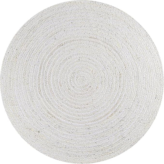 Hand Woven Jute Area Rug - 4' Round - Rustic White Reversible Farmhouse Rugs for Bedroom, Kitchen, Living Room - Vintage Natural Braided Entry Floor Décor Circle Boho 4ft Round Rug