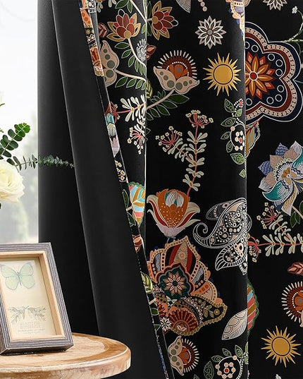 XiDi Black Dark Floral Curtains 63 Inches Long 2 Panels 100% Blackout Patterned Curtains Decorative Thermal Insulated Luxury Vintage Flower Botanical Printed Drapes Grommet for Living Room Bedroom