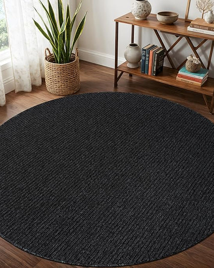 Beverly Rug Non-Slip Modern Rug 6 Round Solid Traditional Rubber Backing Machine Washable Soft Thin Indoor Area Rugs for Living Room Stain Resistant Non Shedding Casual Carpet (6 Round Dark Gray)