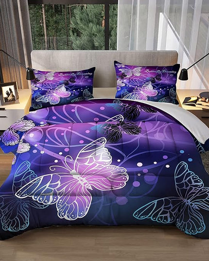Sunnycitron Butterfly Comforter Set for Girls 3D Purple Butterfly Bedding with Comforter Full Size Girls Neon Butterflies Purple Bed comforters Full,1 Comforter + 2 Pillowcases