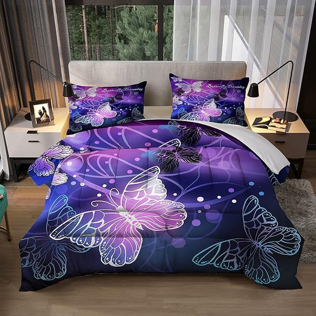 Sunnycitron 3D Purple Butterfly Bedding Twin Comforter Set Dreamy Butterfly Comforter Set for Girls and Women, Soft, Breathable, Fade Resistant 3 Piece- Includes 1 Comforter and 2 Pillowcase