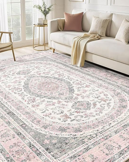 5x7 Area Rugs Washable,Pink Rug for Bedroom Living Room Kitchen,Large Boho Vintage Bohemian Distressed Farmhouse Carpet Non Slip,Grey Blush Floral