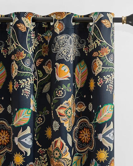 XiDi Navy Blue Vintage Floral Patterned Blackout Curtains 84 Inches Long for Bedroom Living Room 2 Panels Thermal Insulated Luxury Modern Curtains Dark Botanical Leaf Printed Design Grommet Drapes