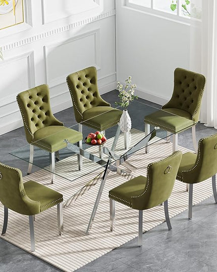 Rectangle Glass Dining Table Set for 6, 60'' Kitchen Table and Chairs Set, 7PCS Modern Dining Room Table Set with 6 Velvet Dining Chair for Home