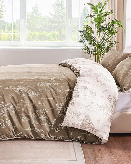Love's cabin Light Taupe Comforter Set Queen - Queen Size Comforter Set, 3 Pieces Cute Floral Bedding Sets for All Seasons,1 Soft Reversible Botanical Flowers Comforter and 2 Pillow Shams